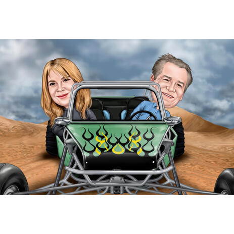 Casal em caricatura de veículo personalizado em estilo colorido com fundo de deserto - example