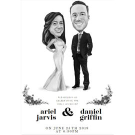 Full Body Couple Wedding Invitation Caricature in Black and White Style with White Background