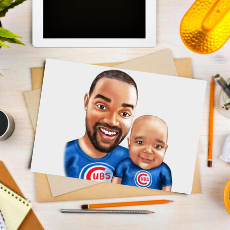 Father with Child Custom Caricature Drawing on White Background as Poster Print - example