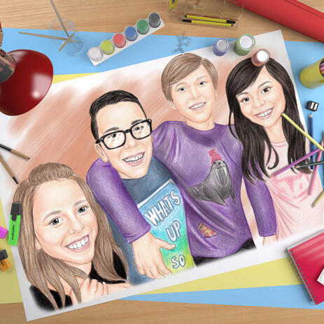 Kids Group Cartoon Portrait with One Color Background on Poster - example