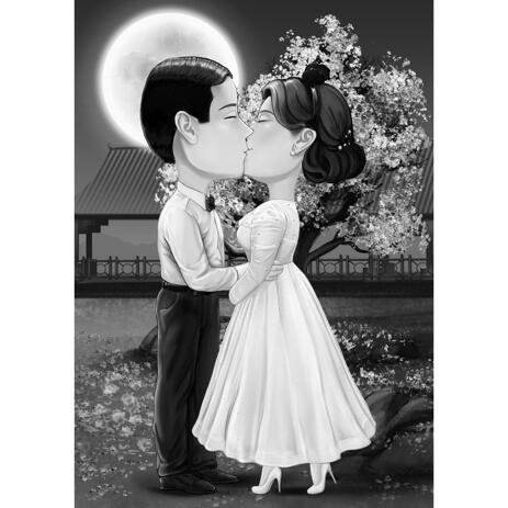 Black and White Kissing Couple Caricature with Custom Background from Photos - example