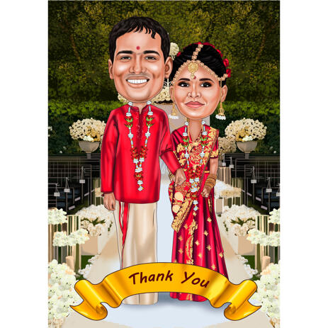 Thank You Caricature - Wedding Couple Full Body Cartoon Drawing in Bollywood Style - example