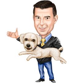 Proprietario con animale domestico: ritratto di caricatura di tutto il corpo su sfondo bianco