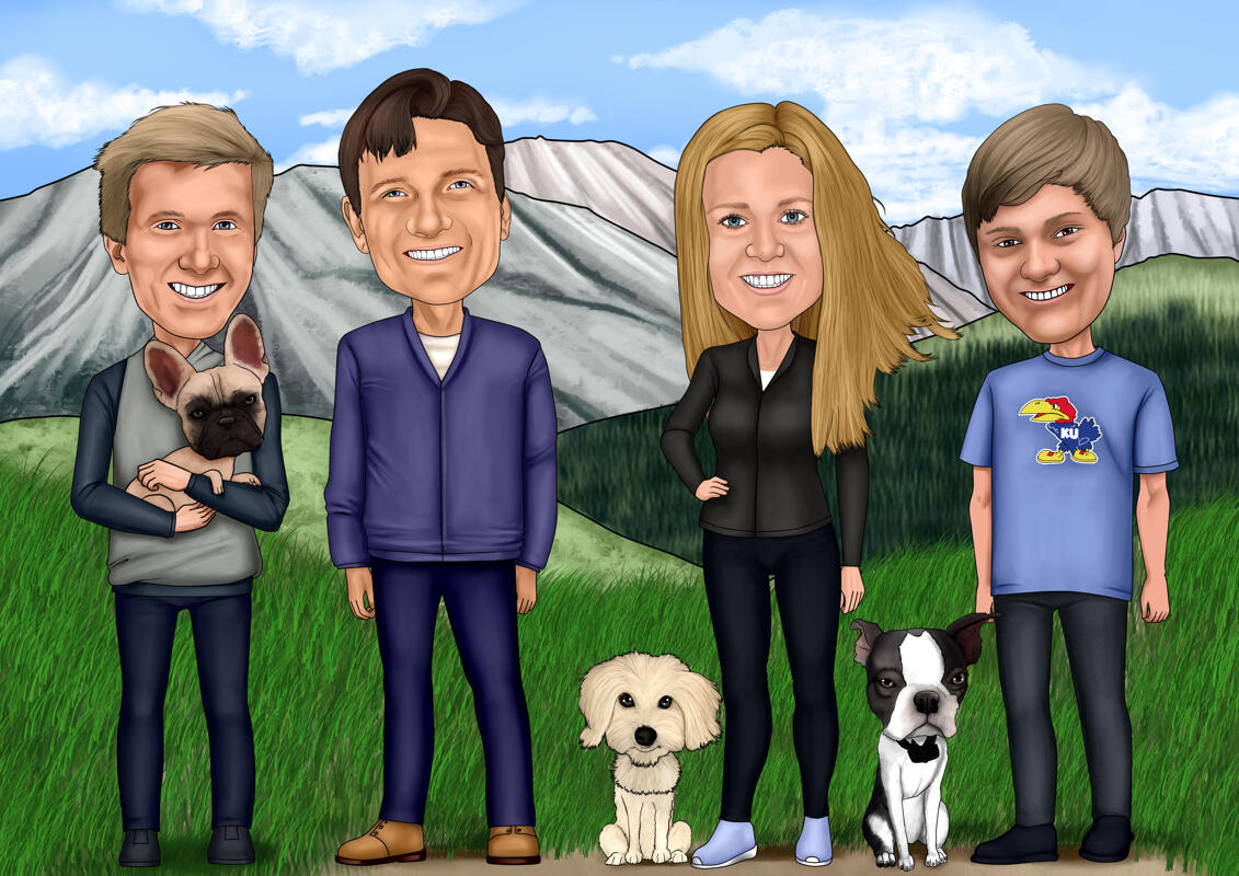 Portrait De Famille Avec Animaux De Compagnie Mixtes Chat Chien Cheval