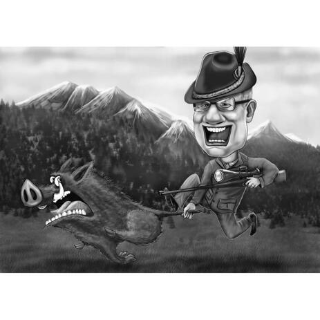 Exaggerated Black and White Hunting Caricature from Photos - example
