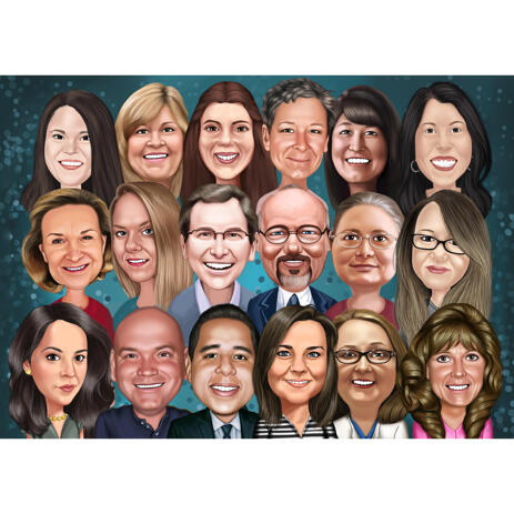 Corporate Group Caricature from Employees Photos in Colored Style - example