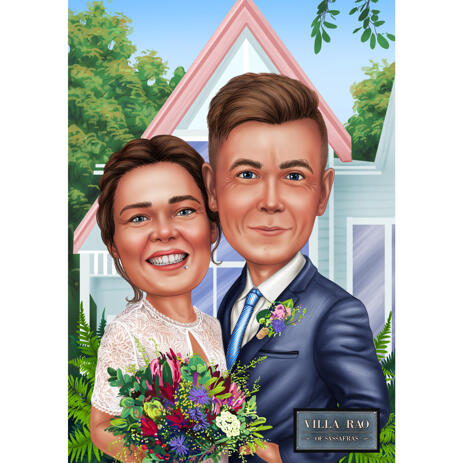 Just Married Couple Wedding Caricature in Colored Style with Home Background - example