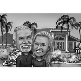 Bem-vindo ao lar Casal Retrato em caricatura em preto e branco com o plano de fundo das fotos