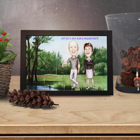 Couple Golf Lovers Caricature in Color Style from Photos on Poster Print - example