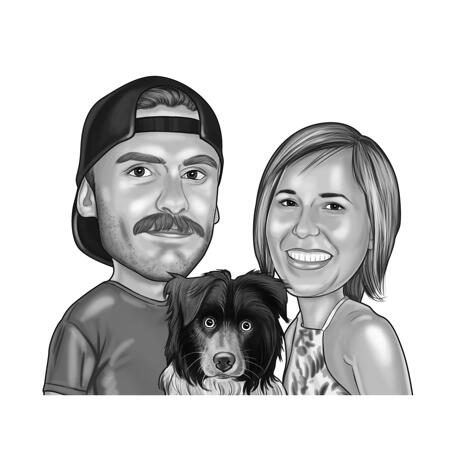Couple with Collie Puppy Cartoon Portrait in Black and White Style - example