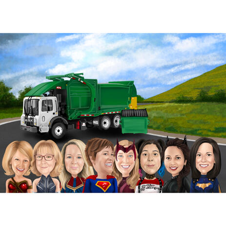 Custom Superhero Team Cartoon Portrait in Color Style with Truck in Background - example
