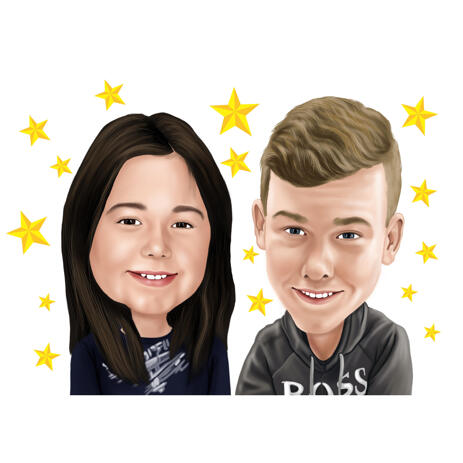 Colored Style Brother and Sister Caricature Hand-Drawn from Photographs - example