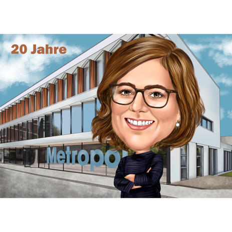 Sketch-Studio Caricature of Employee Hand Drawn from Photos with Company Building Background - example