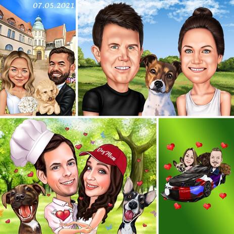 Couple with Pets in Colored Style with Custom Background - example