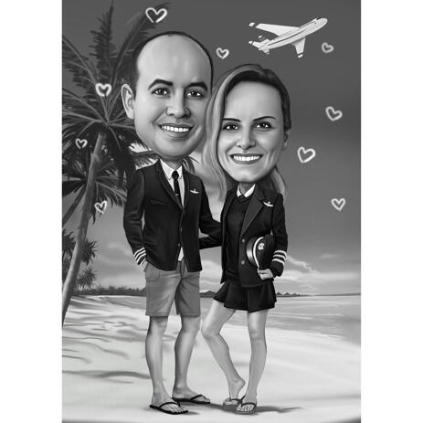 Black and White Couple Professions Caricature - Pilots on Beach with Background - example