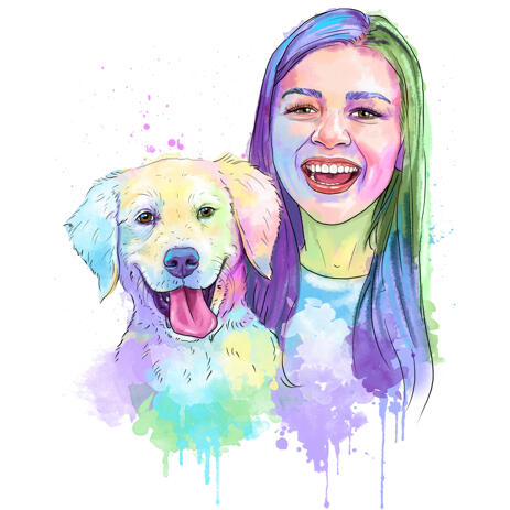 Owner with Pet Portrait in Watercolor Pastel Coloring - example
