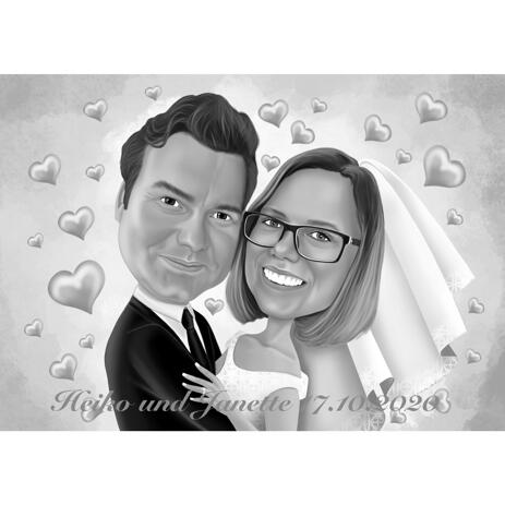 Bride and Groom Cartoon Portrait in Black and White Style with Simple Background - example