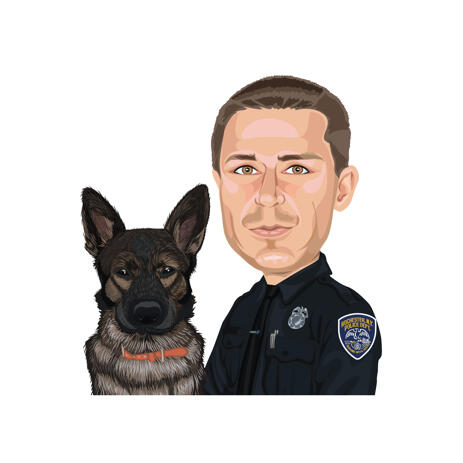 Police Officer with German Shepherd Cartoon Painting in Color Style from Photos - example