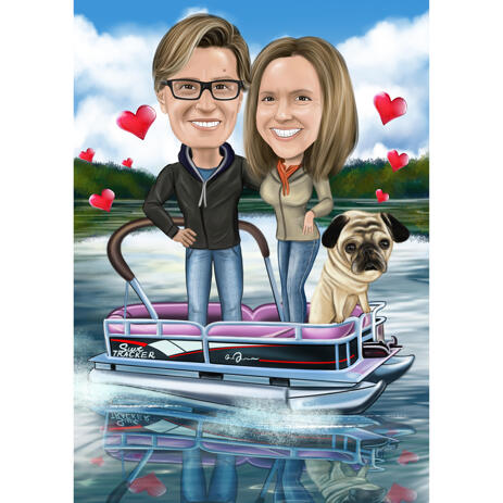 Couple with Pet - Custom Colored Caricature from Photos with Background - example