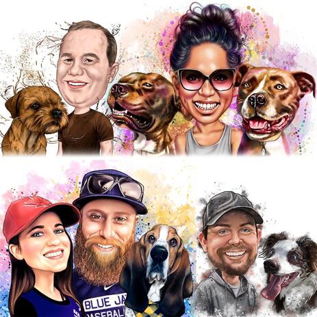 Owner with Pets Portrait Drawing in Natural Watercolor Style - example
