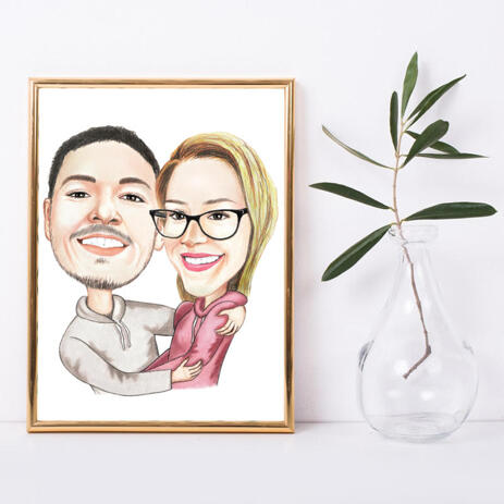 Couple Hug Caricature Drawing with White Background on Poster Print - example