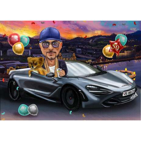 Person with Pet in Car Caricature in Color Style for Custom 50th Birthday Gift Idea - example