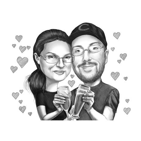 Black and White Style Cartoon Caricature Drawing of a Couple with Any Alcohol Drink in Hands - example