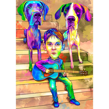 Kid with German Mastiff Dogs Cartoon Portrait Hand Drawn in Watercolor Style - example