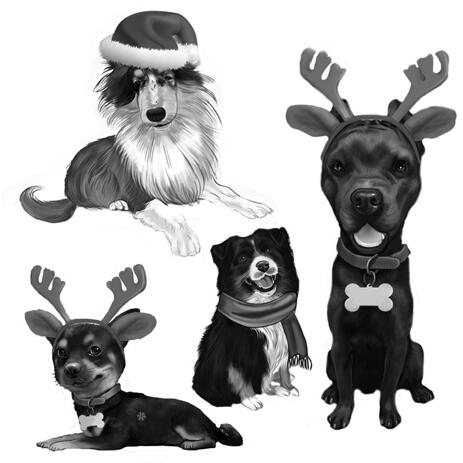 Full Body Christmas Dogs Caricature Portrait in Black and White Style - example