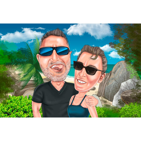 Funny Vacation Couple Caricature on Seabeach Background from Photos - example