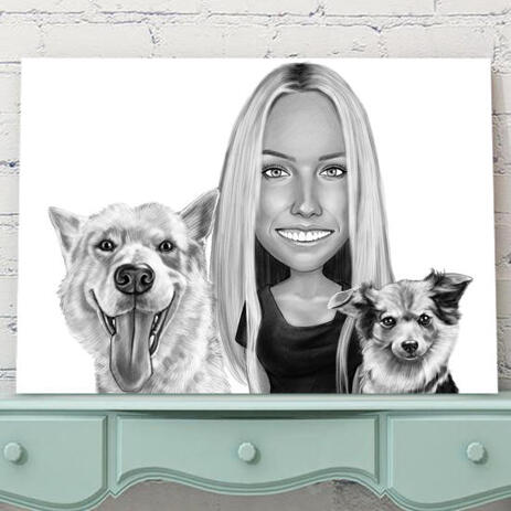 Owner with Pets Caricature on Canvas - example