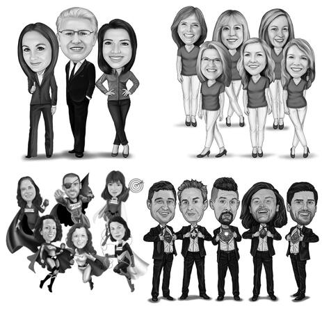 Full Body Group Caricature Portrait in Black and White Style - example