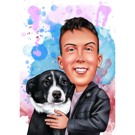 Custom Colored Style Owner with Pet Caricature with Watercolor Background - example
