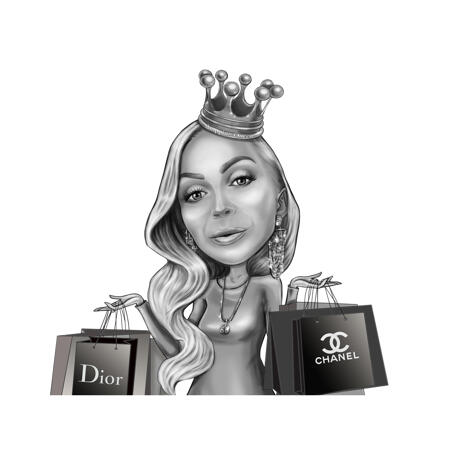Fashionable Woman Princess Caricature from Photos in Black and White Style - example