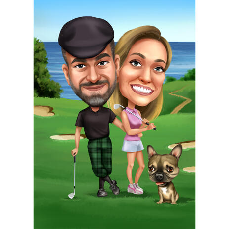 Couple with Pet Golfing Caricature Portrait from Photos for Golf Players Gift - example