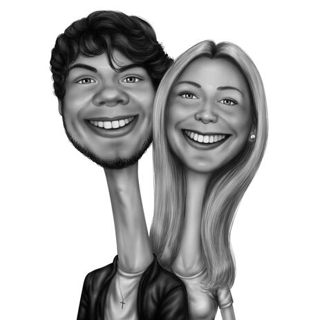 Funny Couple Caricature from Photos Hand Drawn in Black and White Style with Exaggerated Necks - example