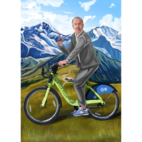 Riding Bicycle Portrait Drawing with Custom Background - example