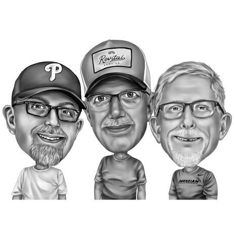 Three Faces Cartoon Caricature in Black and White Digital Style from Photos - example