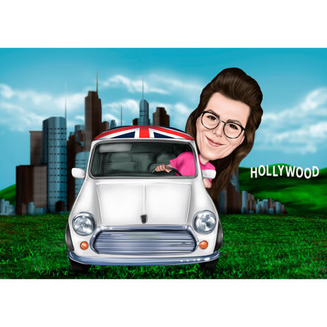Woman in Car Caricature with Hollywood Sign in the Background - example