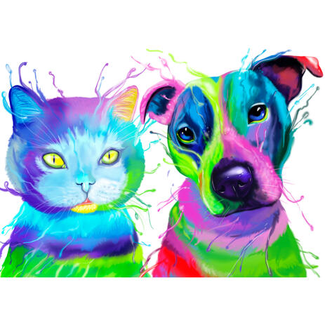 Dog and Cat Caricature Portrait in Colorful Watercolor Style from Photos - example