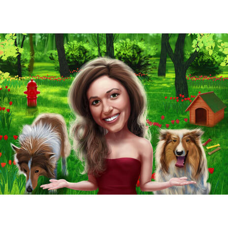 Owner with Collie Caricature in Colored Style on Custom Background - example