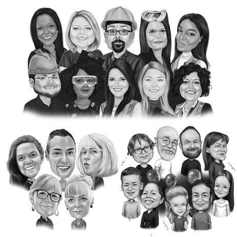Group Caricature Portrait in Black and White Style - example