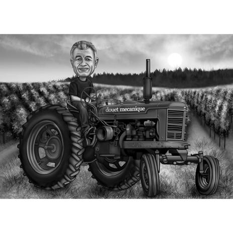 Black and White Farmer Caricature - Man on Tractor with Custom Background from Photo - example