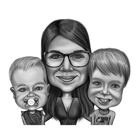 Mother with Two Children Caricature in Black and White High Exaggerated Style from Photos - example