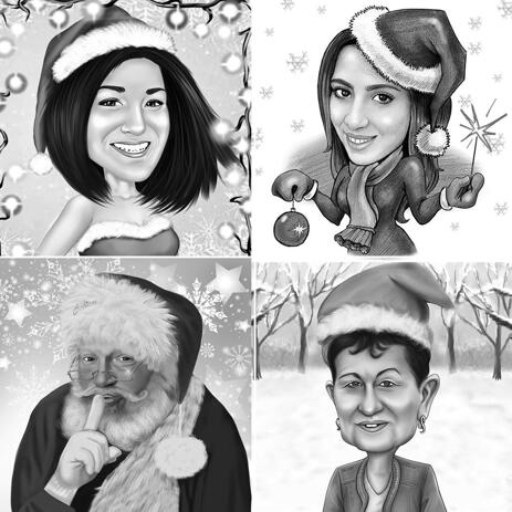 Christmas Caricature of 1 Person in Black and White Style with Background - example