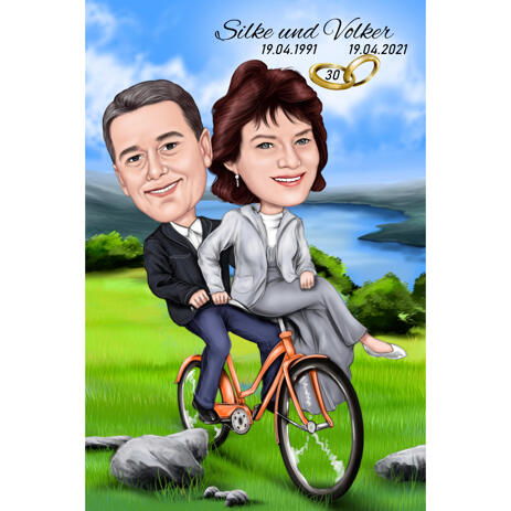 Couple on Bicycle Colored Caricature with Custom Background for Anniversary Gift - example