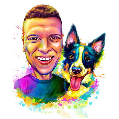 Owner with Border Collie Caricature Portrait from Photos Drawn in Vivid Watercolor Style - example