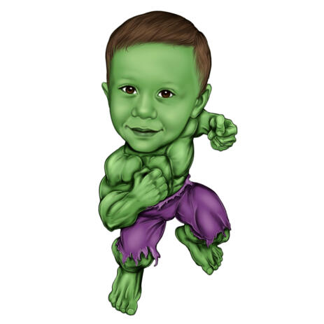 Personalized Kid Green Superhero Caricature Portrait for Custom Superheroes Birthday Gift - example