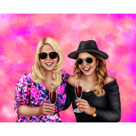 Best Friends Portrait Drawing Gift with Pink Background Hand Drawn from Photos - example