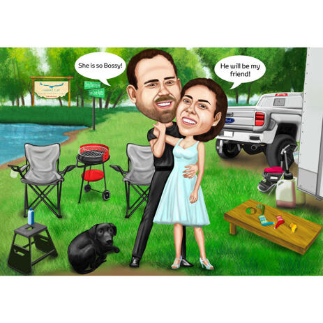 Custom Couple with Pet Camping Caricature in Colored Style - example